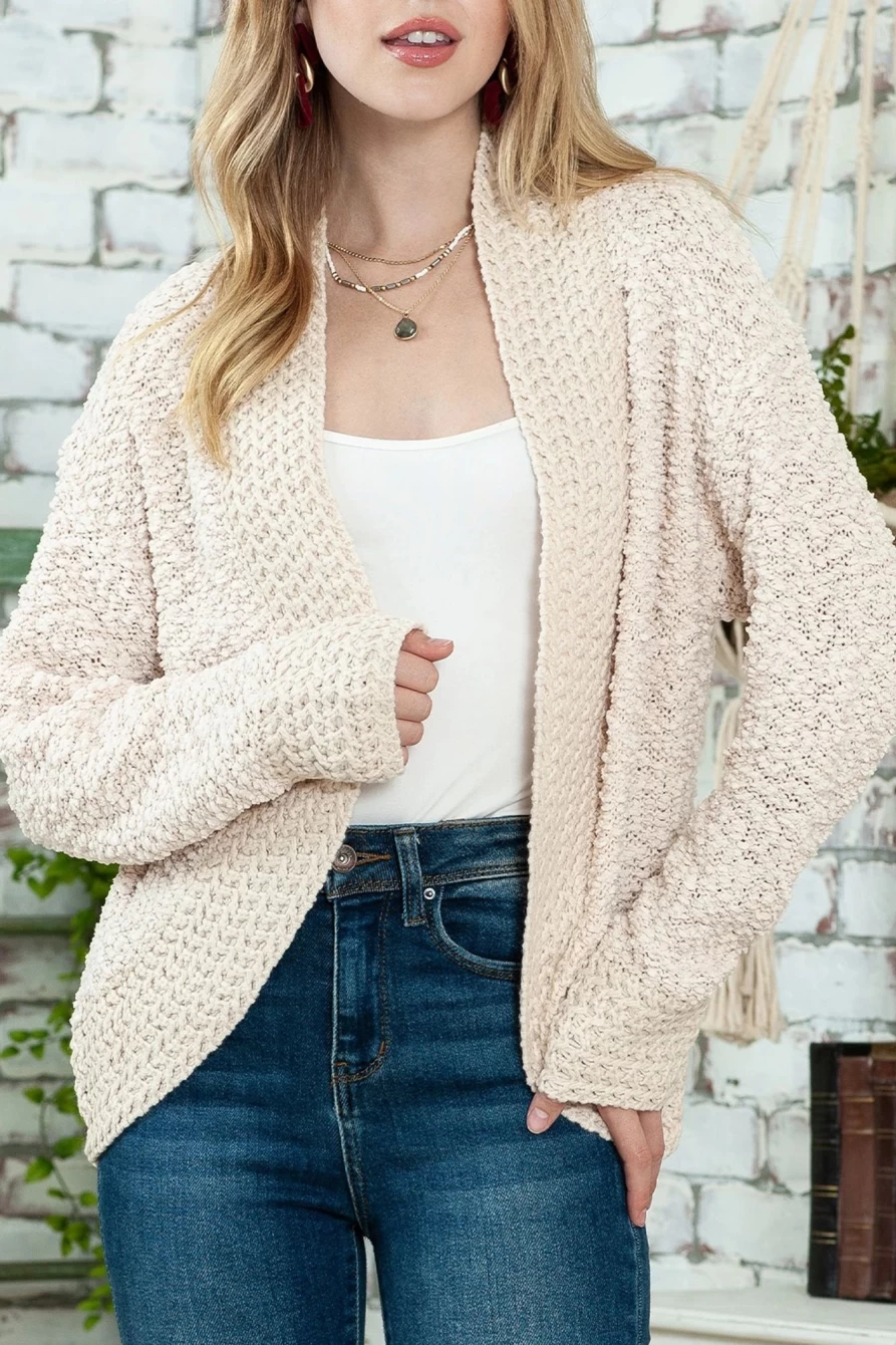 Shewin Women's Apricot Popcorn Knit Open Front Cardigan Sweater