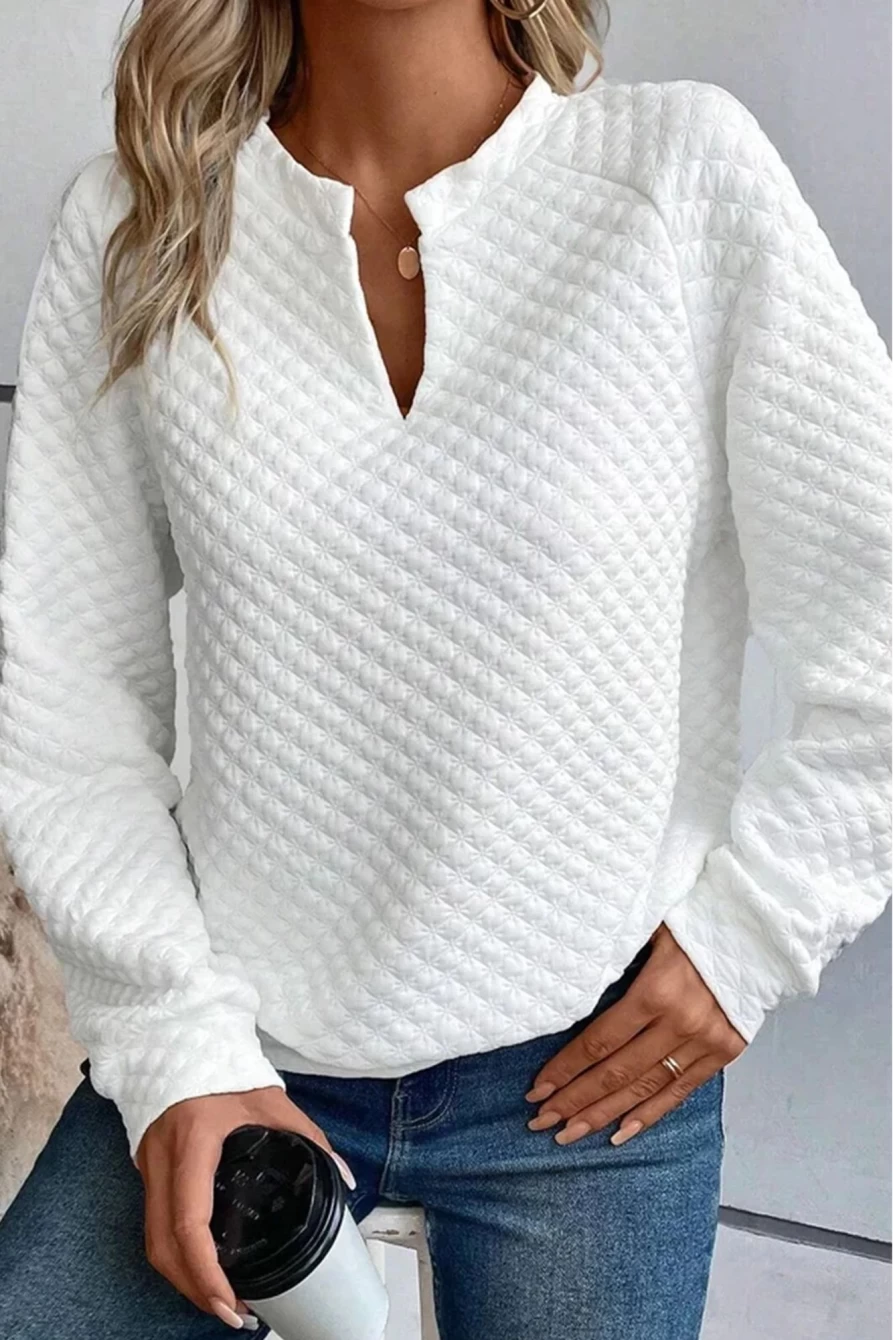 Shewin Women's Bright White Quilted V-Neck Long Sleeve Top Solid Color Blouse