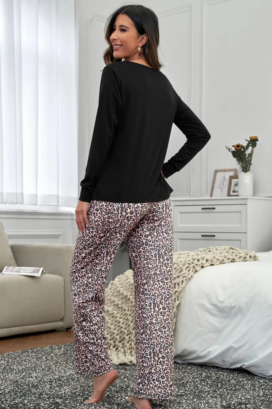 Women's Leopard Print Sequined Heart Lounge Set - Shewin Glam Graphic Top & Pants