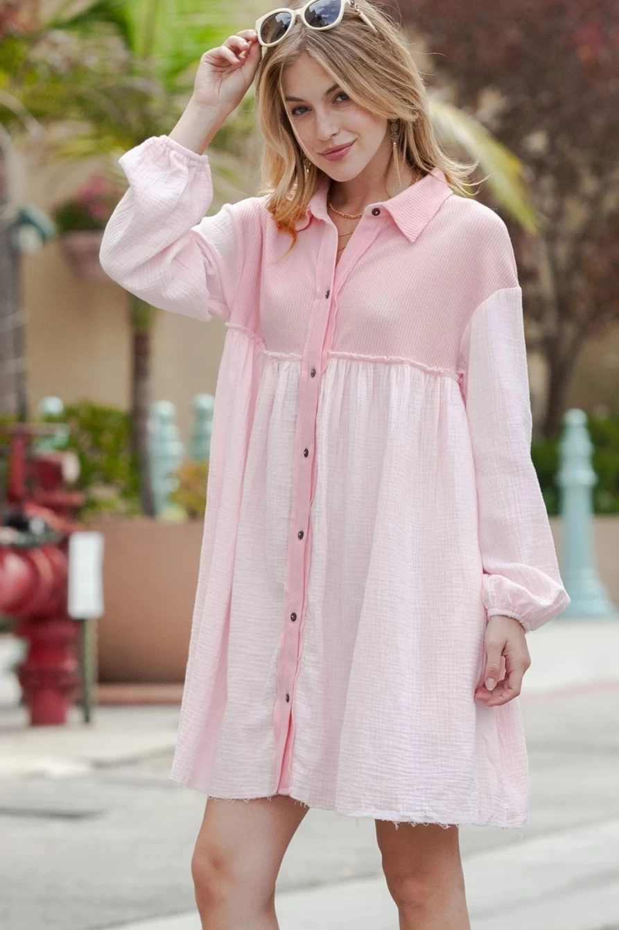 Shewin Women's Pink Ribbed Crinkle Patchwork Puff Sleeve Raw Hem Shirt Dress