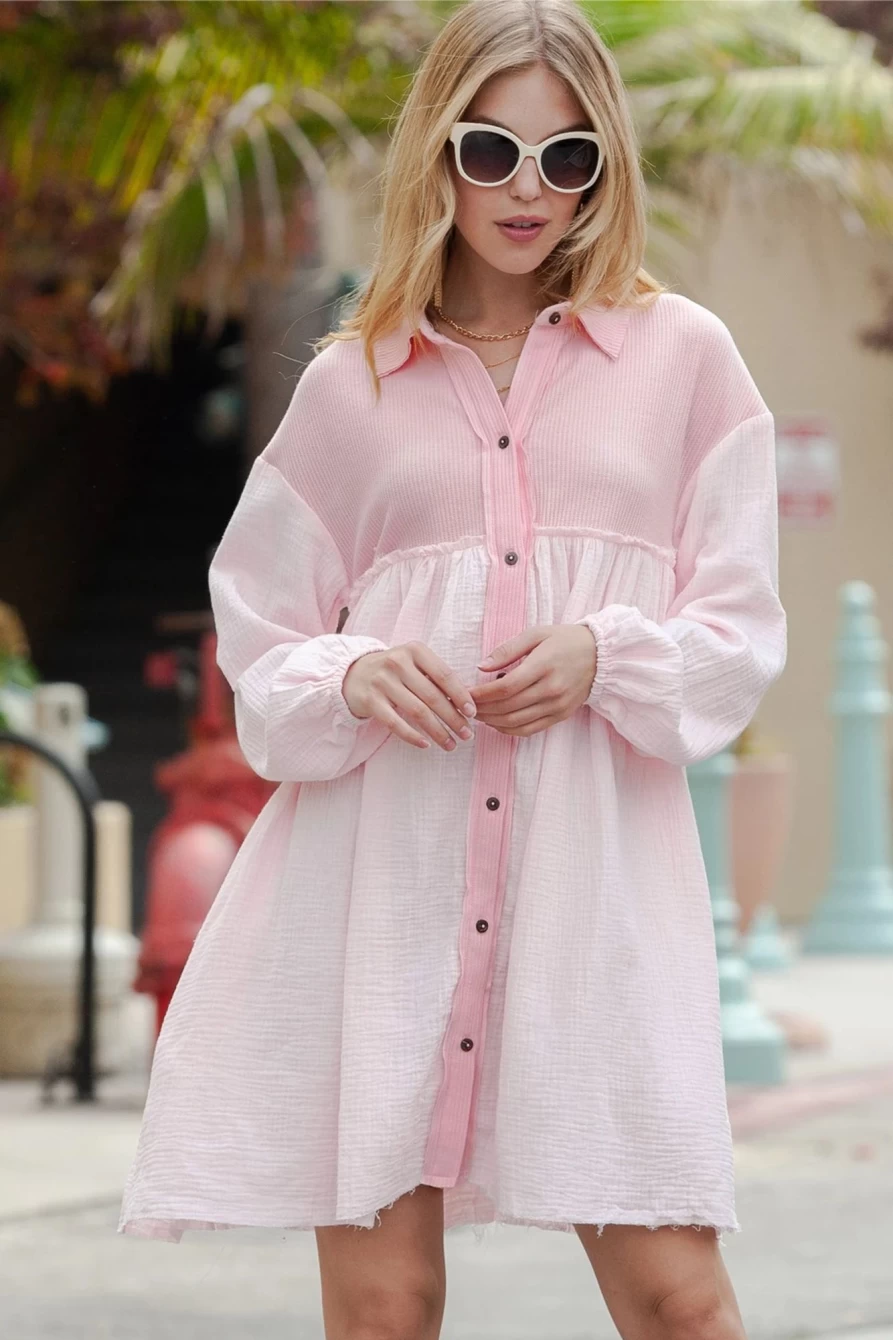 Shewin Women's Pink Ribbed Crinkle Patchwork Puff Sleeve Raw Hem Shirt Dress