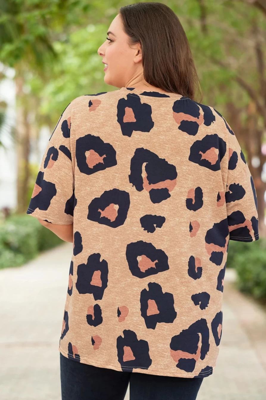 Shewin Women's Plus Size Leopard Print Boyfriend T-Shirt - Round Neck Casual Tee