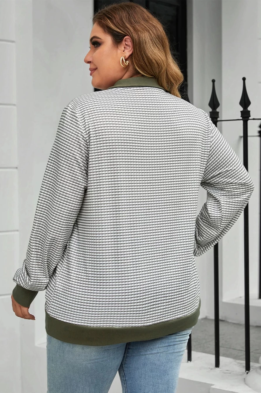 Shewin Women's Green Striped Henley Pullover Top with Contrast Trim - Plus Size Casual Shirt