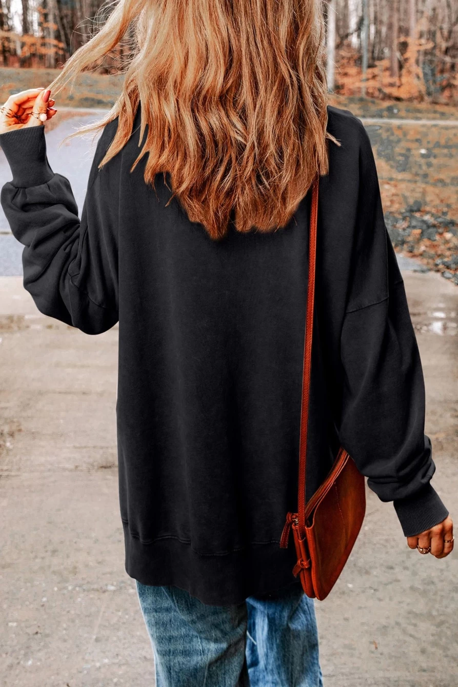 Women's Black Rugby Print Loose Fit Sweatshirt with Side Split - Shewin Athletic Top