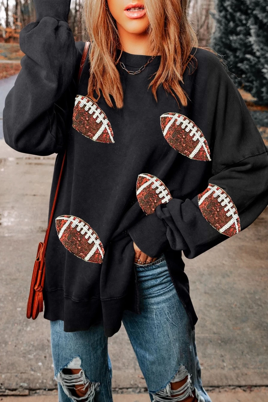 Women's Black Rugby Print Loose Fit Sweatshirt with Side Split - Shewin Athletic Top