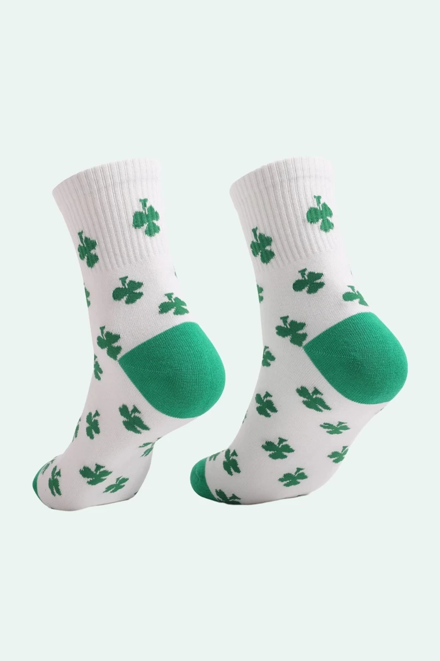 Shewin Women's White St Patrick's Day Socks with Clover Print and Ribbed Trim