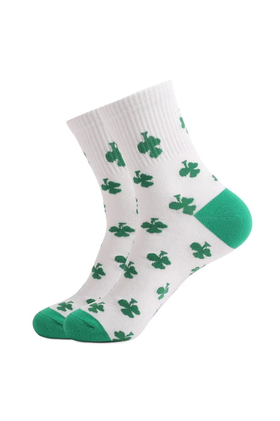 Shewin Women's White St Patrick's Day Socks with Clover Print and Ribbed Trim
