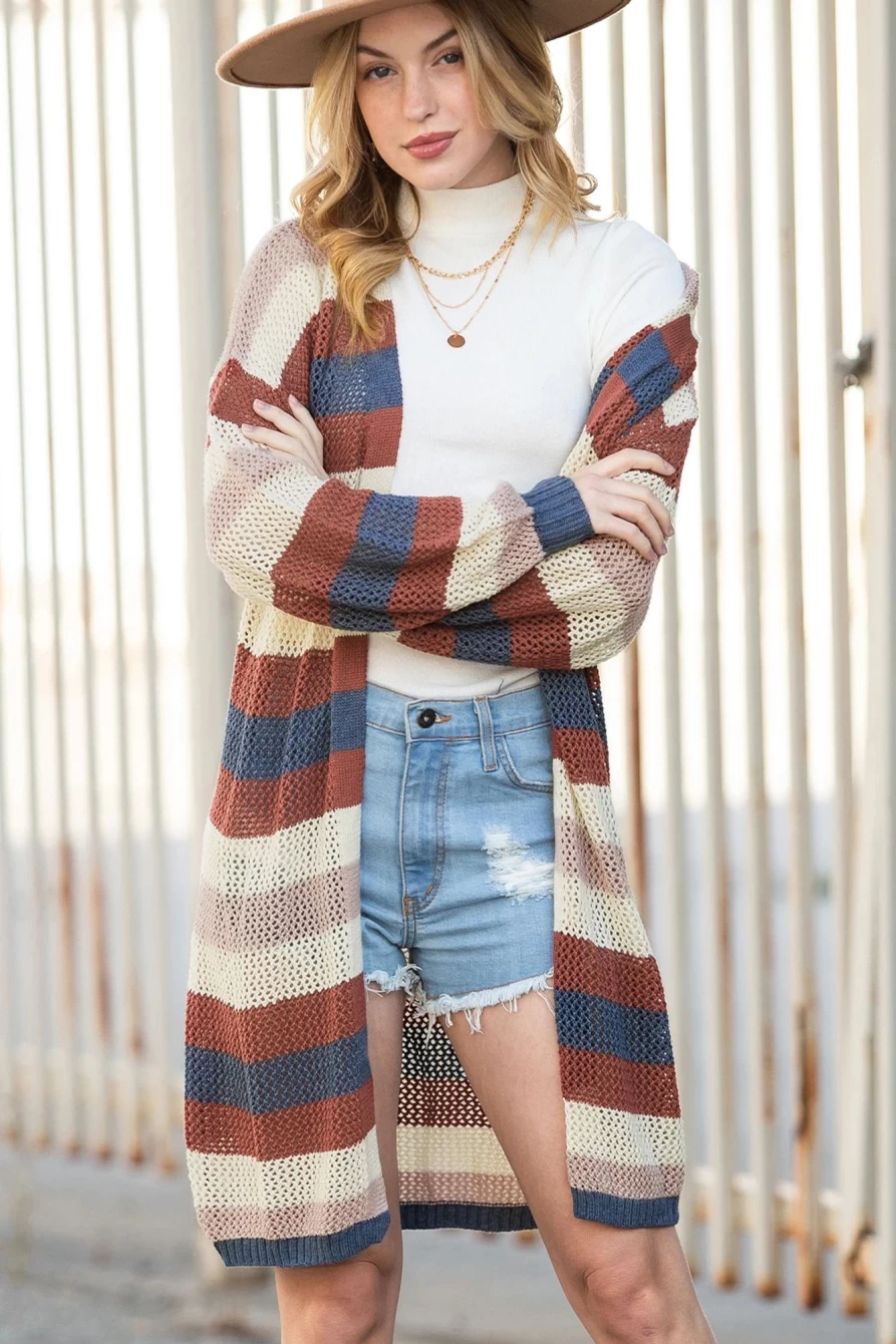 Women's Blue Striped Cut Out Knit Cardigan - Shewin Dark Color Block Open Front Sweater