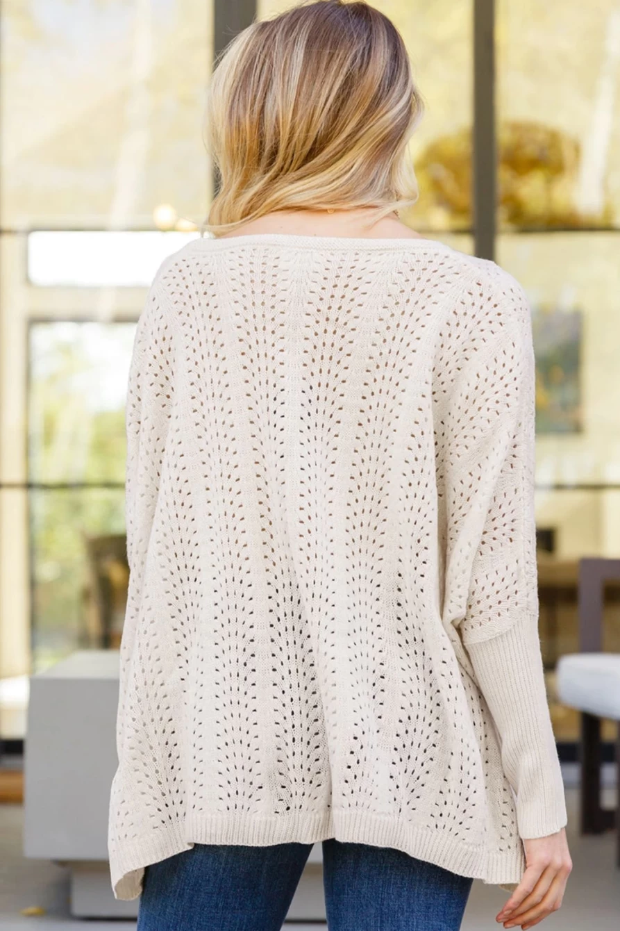 Shewin Women's Beige Eyelet Batwing Sleeve Knit Sweater
