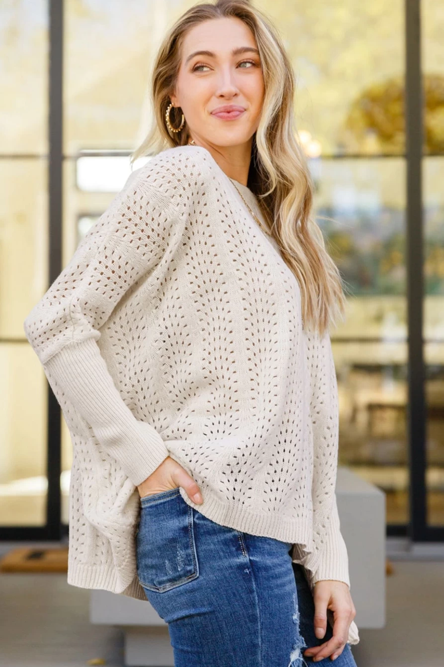 Shewin Women's Beige Eyelet Batwing Sleeve Knit Sweater