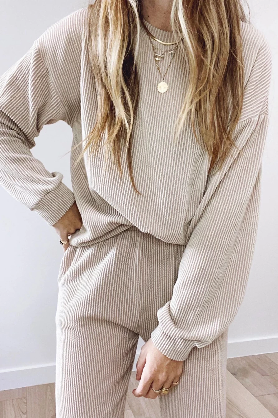 Shewin Women's Apricot Drop Shoulder Top & Pocketed Pants Set - Casual Corded Outfit