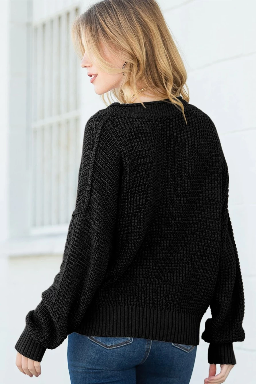 Shewin Women's Black Pointelle Knit Button-Up V-Neck Drop Shoulder Sweater
