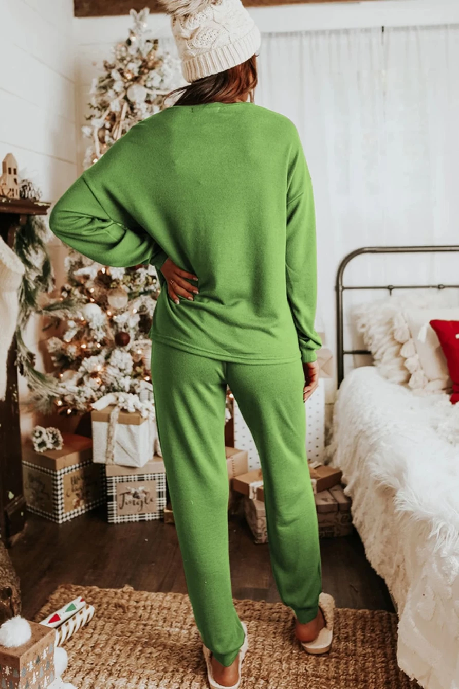 Shewin Women's Spinach Green Christmas Candy Cane Graphic Loungewear Set - Festive Holiday Pajamas