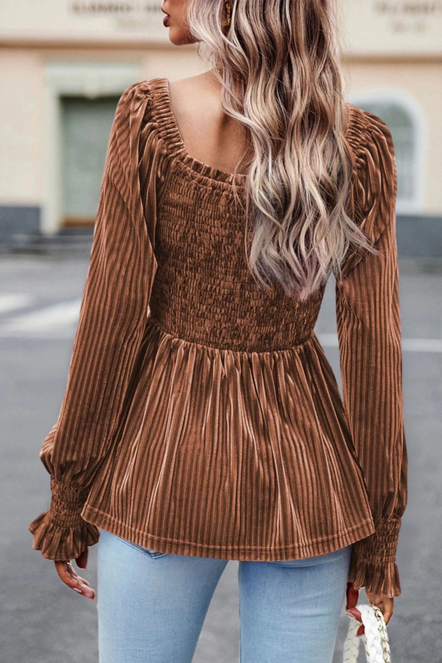 Shewin Women's Chestnut Smocked Ribbed Velvet Babydoll Top