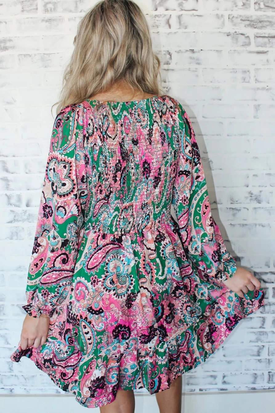 Shewin Women's White Boho Paisley Print Smocked Dress with Ruffle Hem