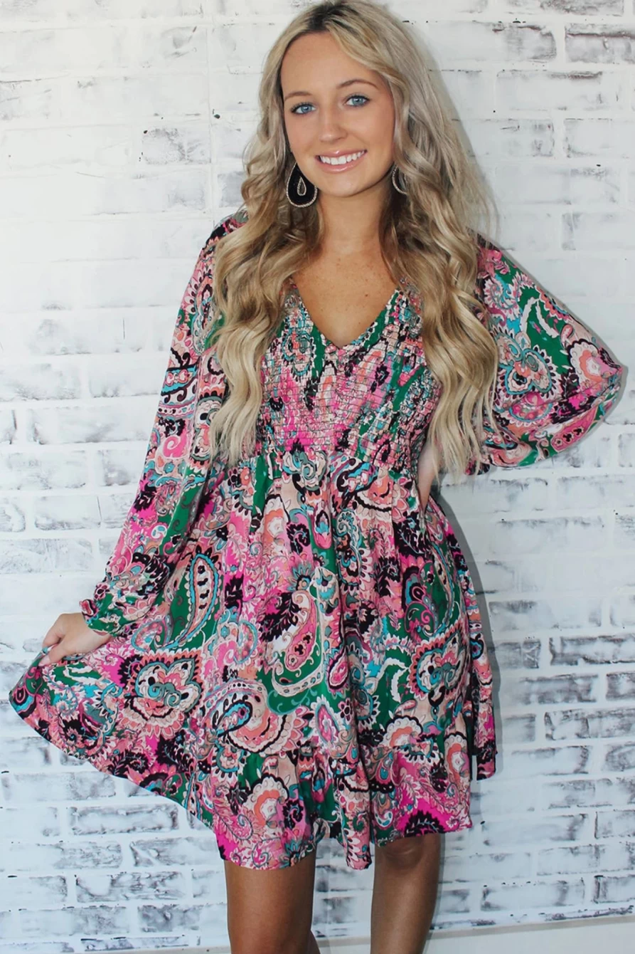 Shewin Women's White Boho Paisley Print Smocked Dress with Ruffle Hem