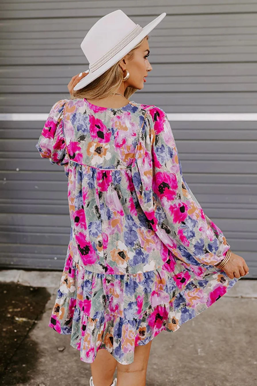 Shewin Women's Multicolour Boho Floral Print Smocked Tie Neck Dress