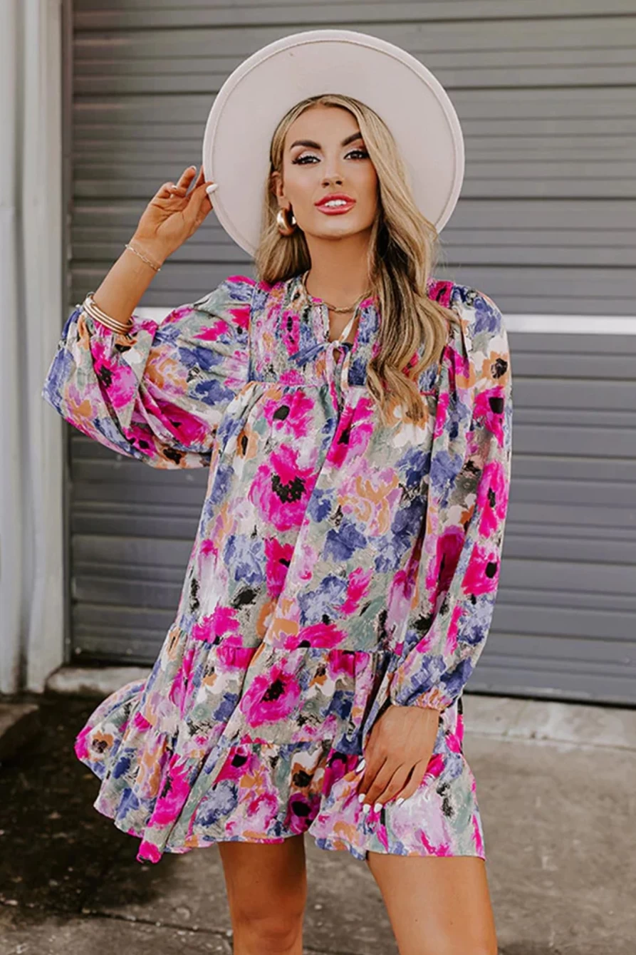 Shewin Women's Multicolour Boho Floral Print Smocked Tie Neck Dress