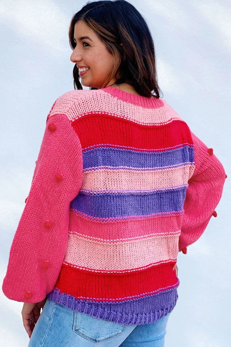 Shewin Women's Pink Plus Size Striped Knit Sweater with Pompom Detail and Lantern Sleeves