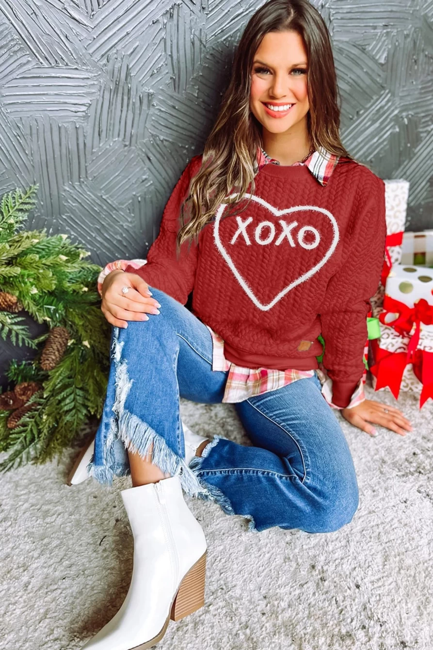 "SheWin Women's Racing Red Valentine Heart XOXO Quilted Sweatshirt"