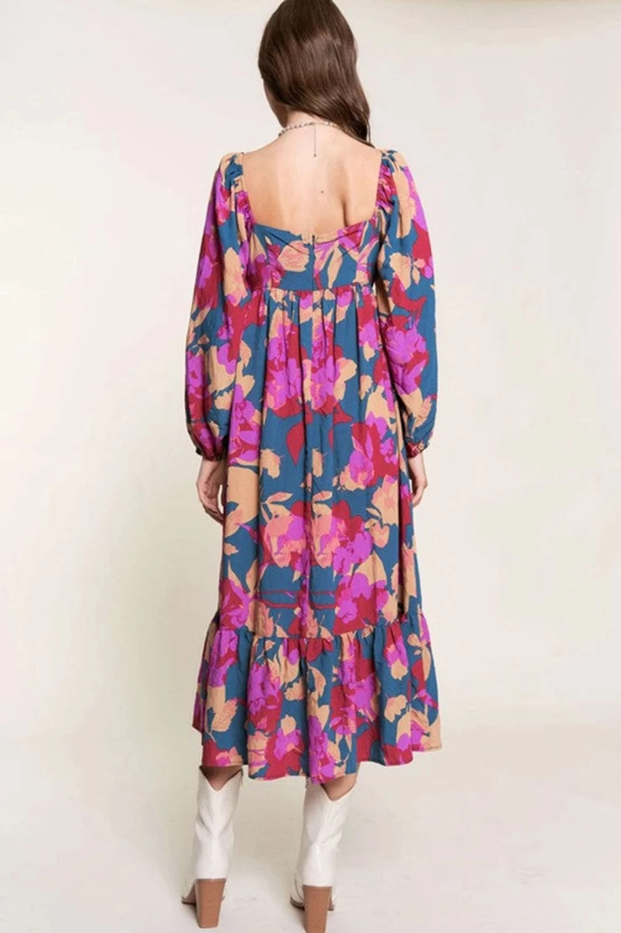 Shewin Women's Multicolour Boho Floral Print Square Neck Ruffle Maxi Dress