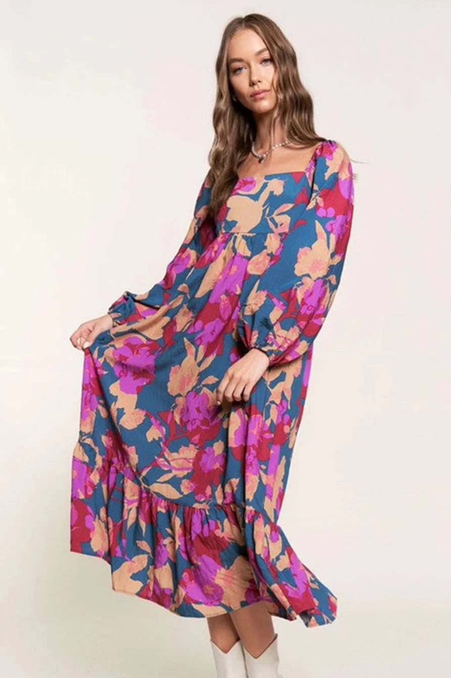 Shewin Women's Multicolour Boho Floral Print Square Neck Ruffle Maxi Dress