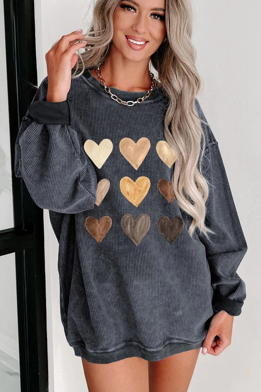 Shewin Women's Gray Valentine Heart Graphic Sweatshirt - Corded Romantic Pullover