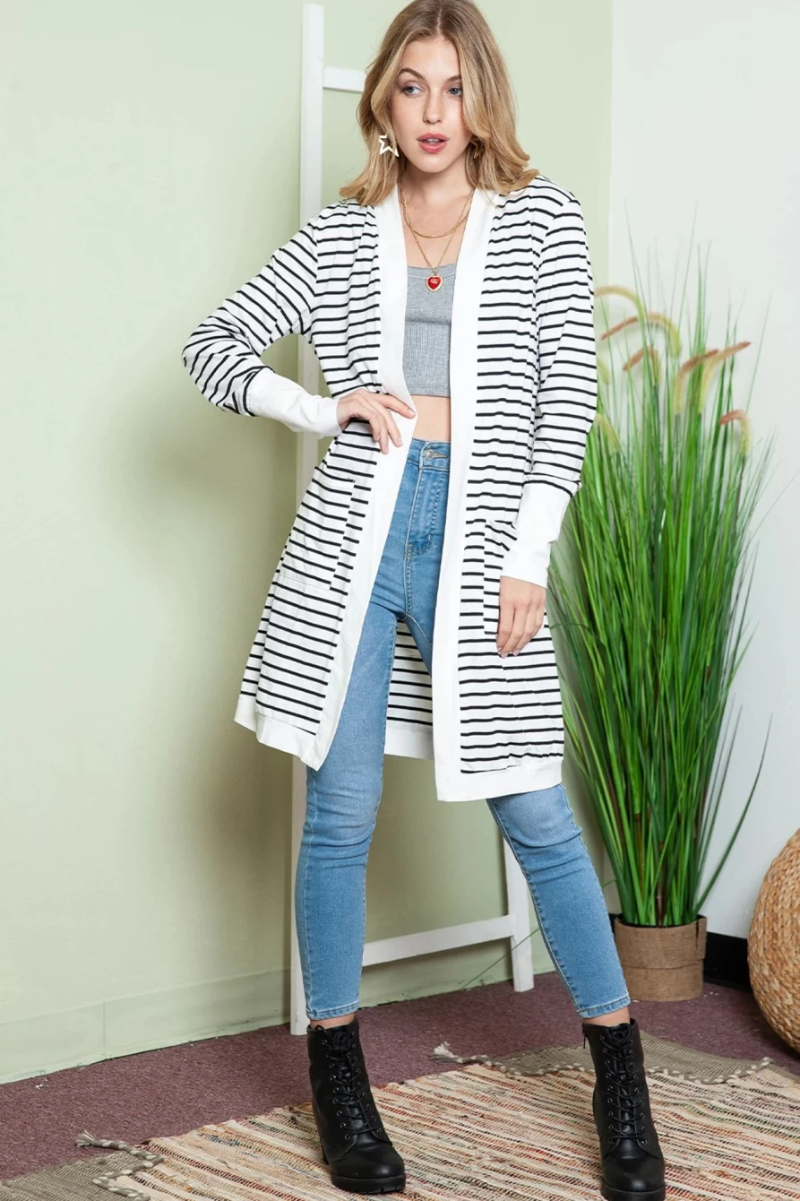 Women's White Striped Long Cardigan with Side Pockets - Shewin Open Front Knitwear