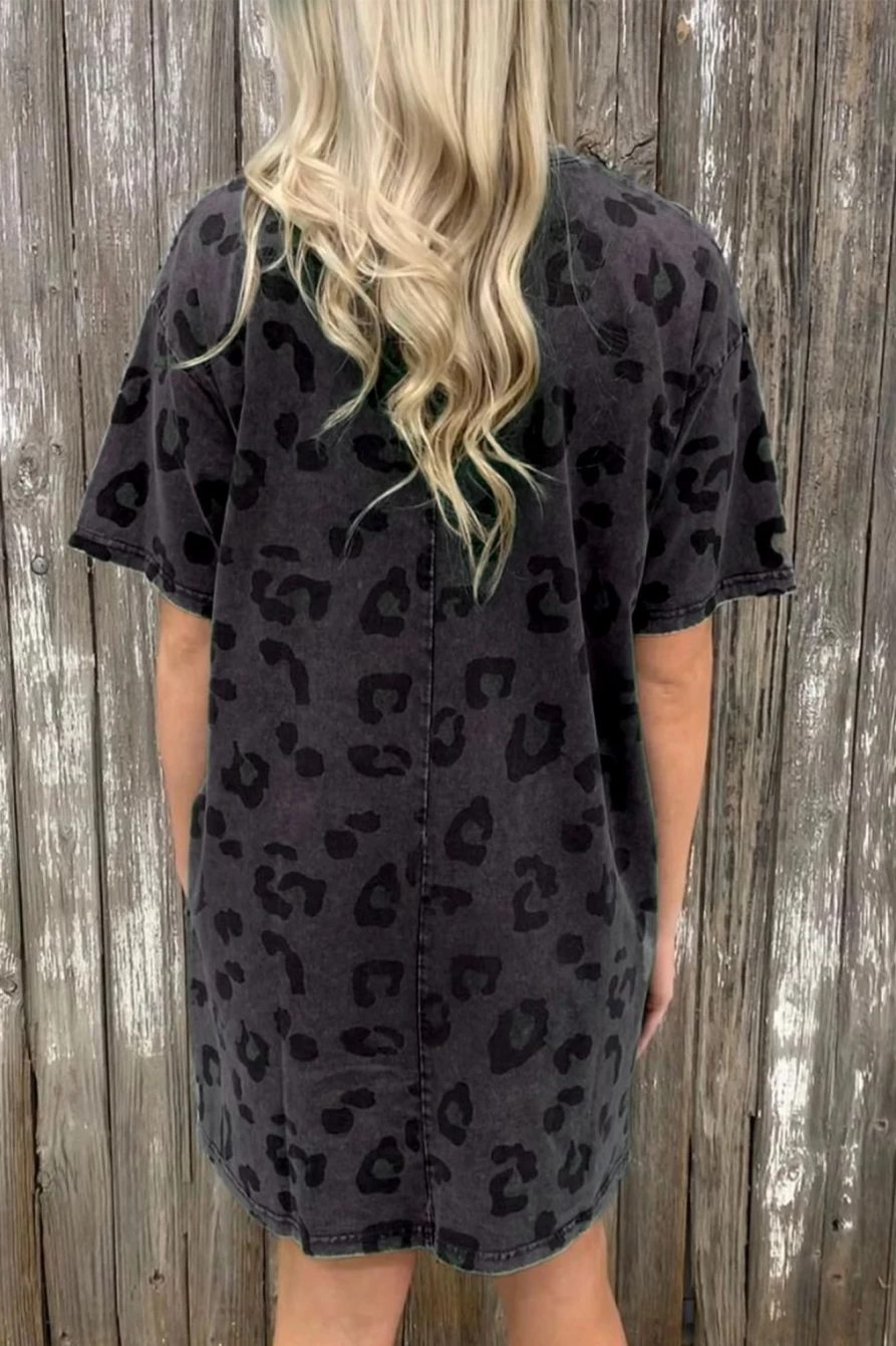 Shewin Women's Gray Leopard Print Short Sleeve Casual Dress with Pockets
