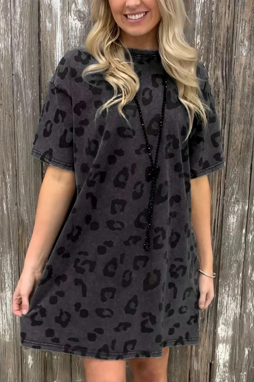 Shewin Women's Gray Leopard Print Short Sleeve Casual Dress with Pockets