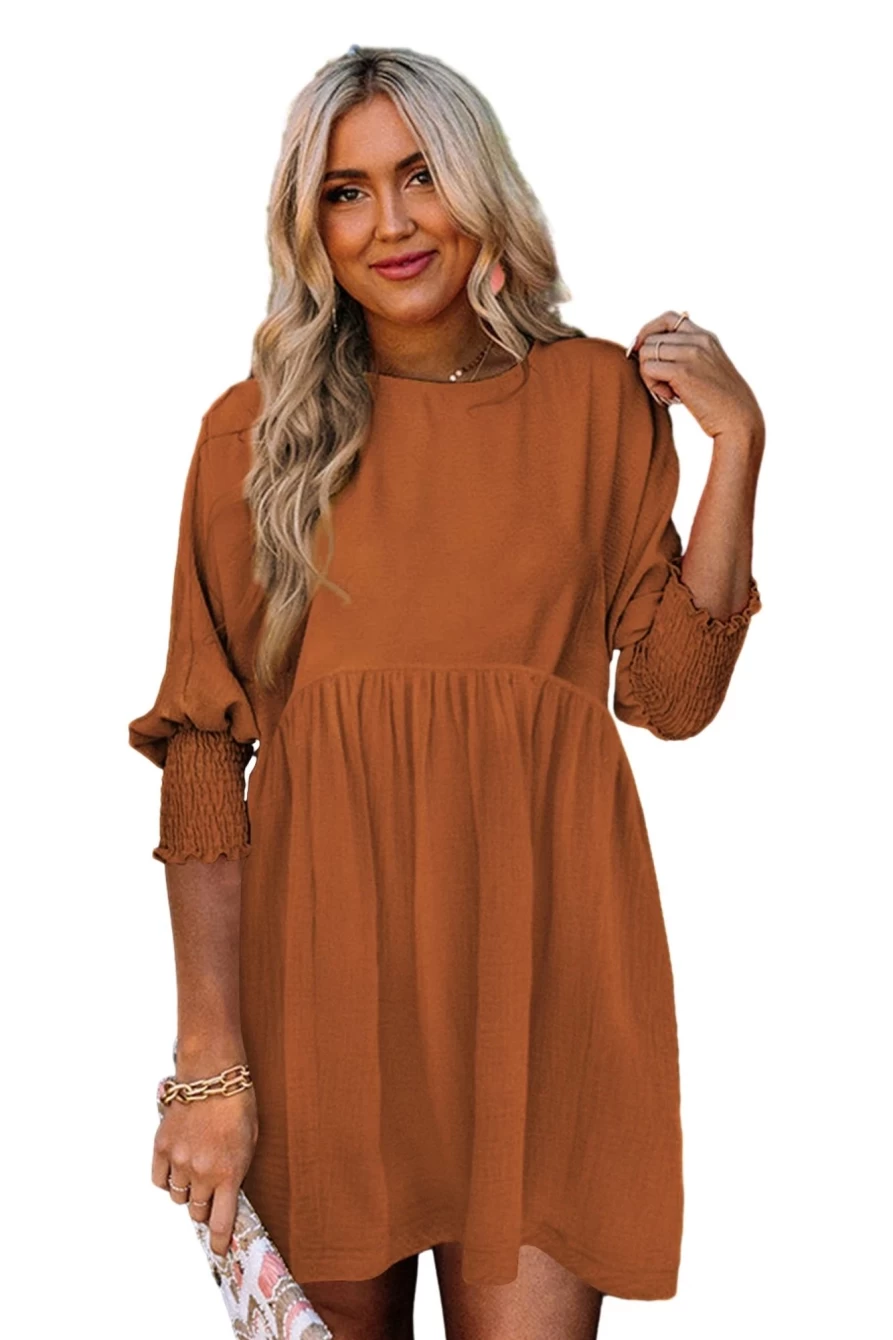 Shewin Women's Chestnut Plain Shirred Cuffs Babydoll Mini Dress