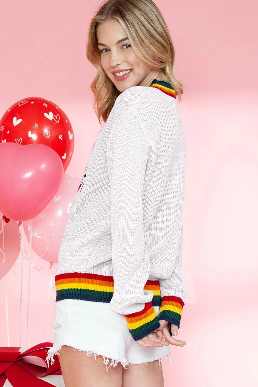 Shewin Women's Bright White Merry & Bright Rainbow Striped Trim Sweater