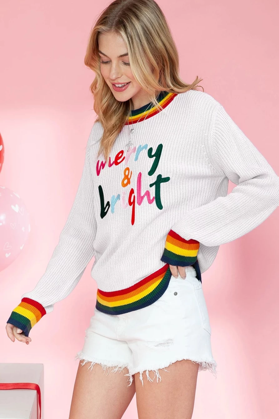 Shewin Women's Bright White Merry & Bright Rainbow Striped Trim Sweater
