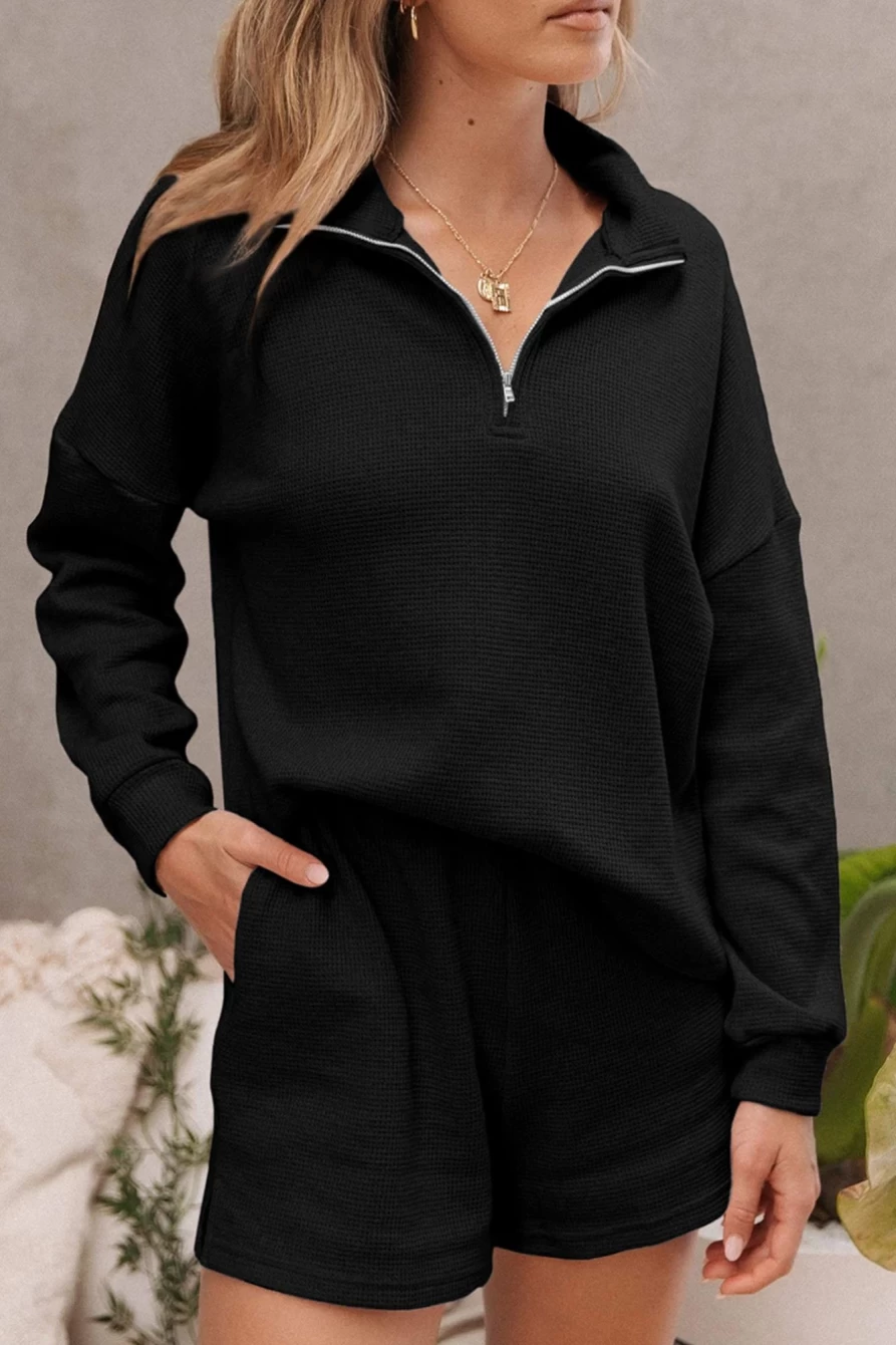 Shewin Women's Black Ribbed Zipper Sweatshirt & High Waist Shorts Set