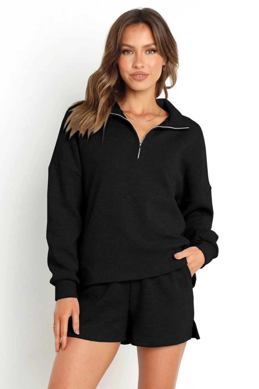 Shewin Women's Black Ribbed Zipper Sweatshirt & High Waist Shorts Set