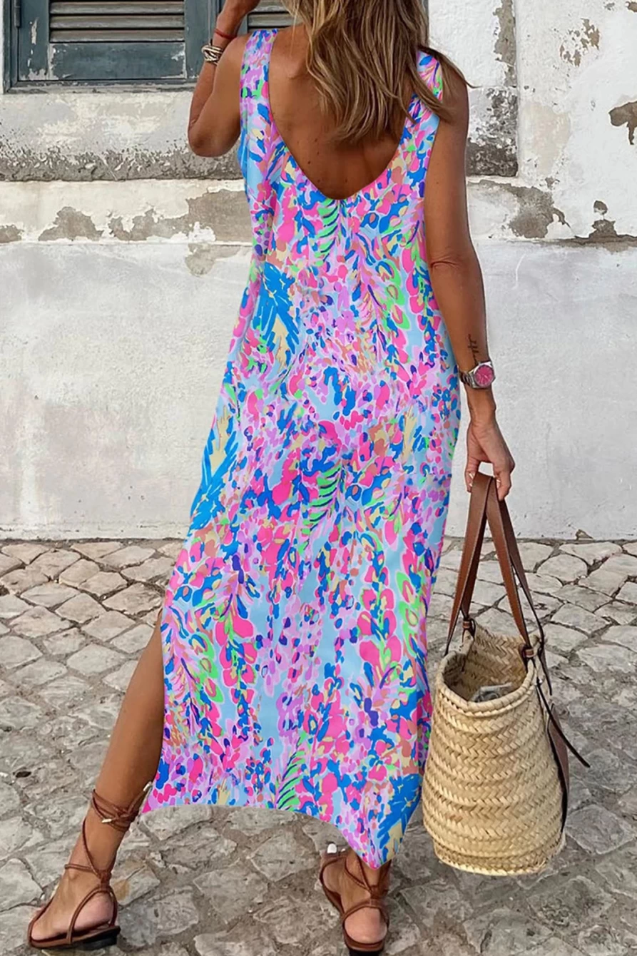 Shewin Women's Purple Fluorescent Printed Sleeveless Maxi Dress with Round Neck