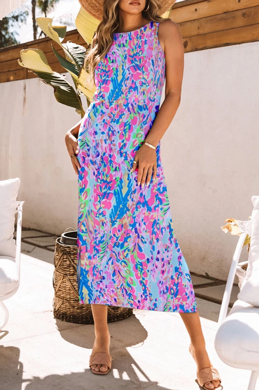 Shewin Women's Purple Fluorescent Printed Sleeveless Maxi Dress with Round Neck