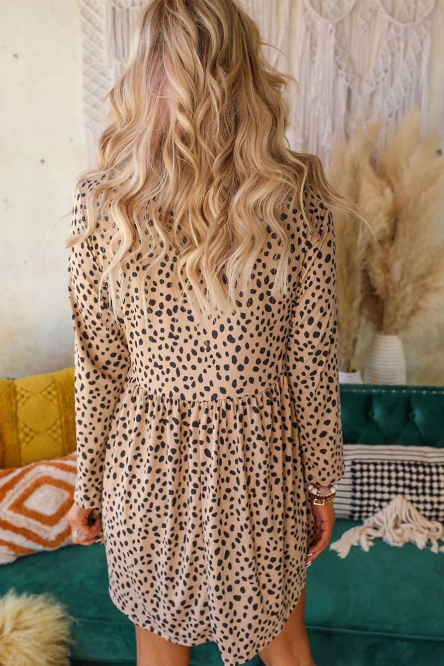 Shewin Women's Leopard Print High Waisted Long Sleeve Crew Neck Dress