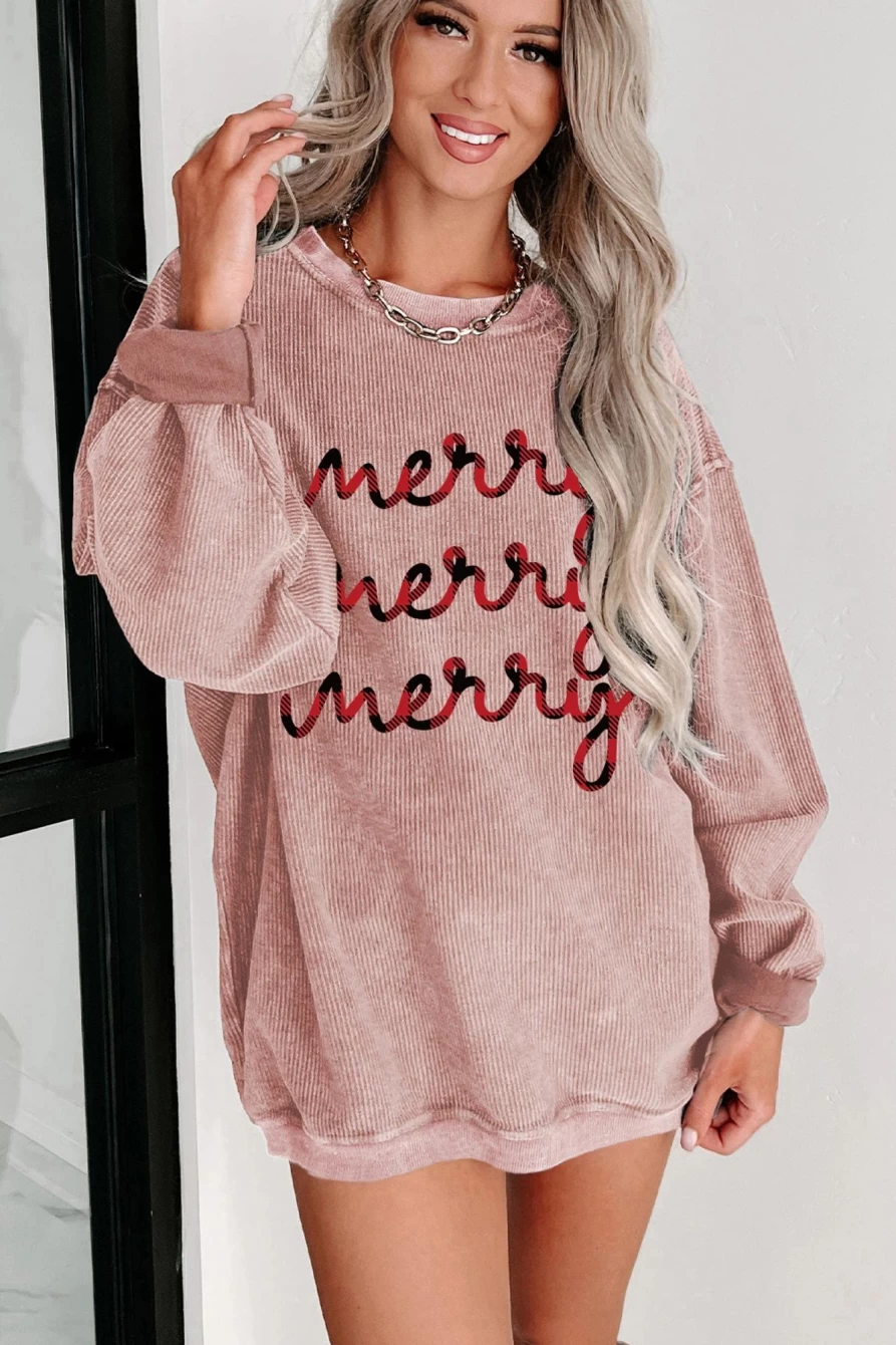 Shewin Women's Pink Merry Printed Graphic Sweatshirt - Corded Drop Shoulder Casual Pullover