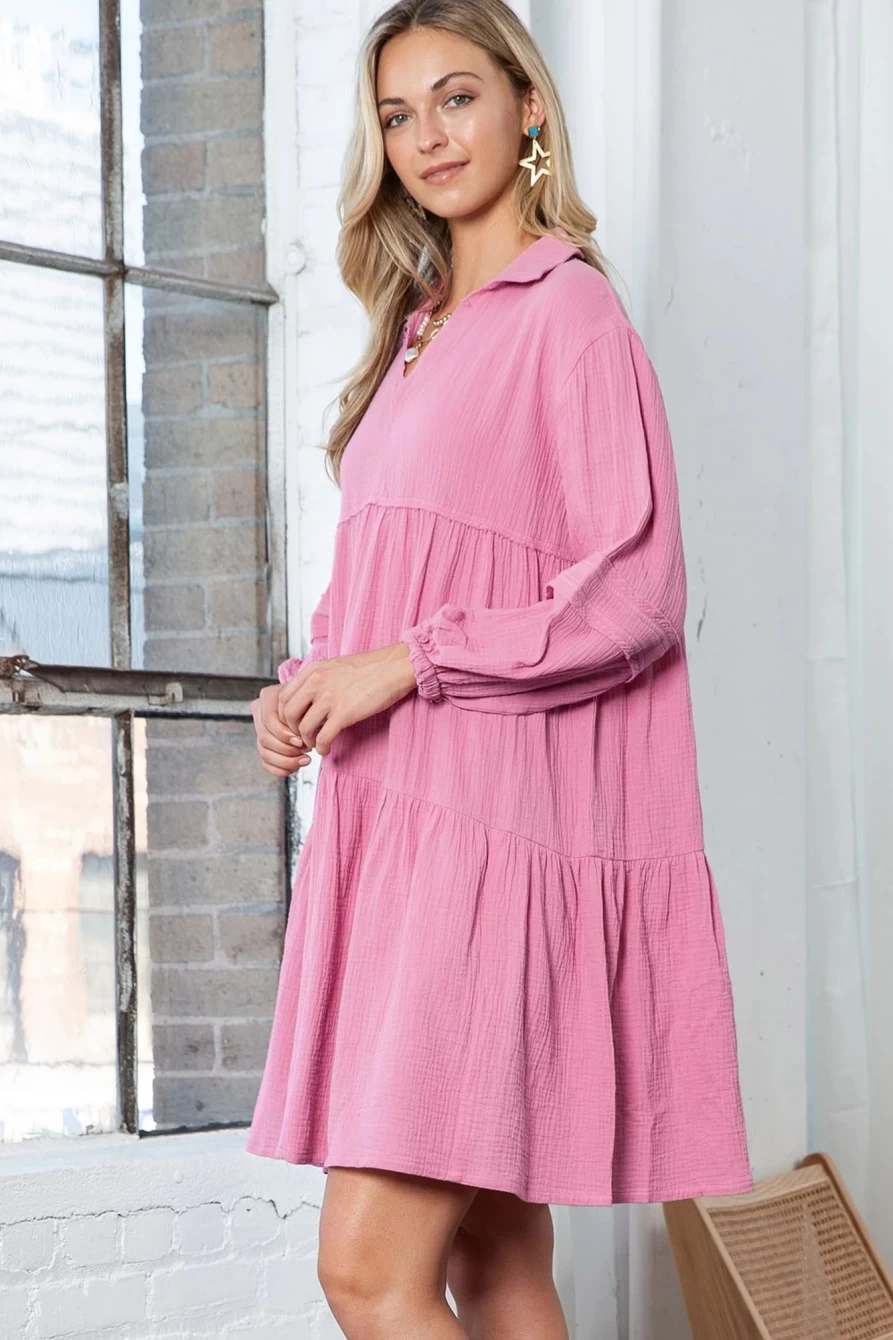 Shewin Women's Purple Solid Color Casual Dress with Gauze Collar