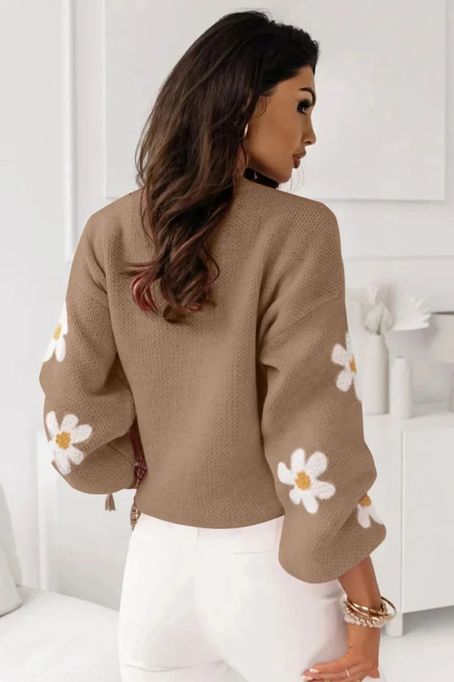 Shewin Women's Apricot Khaki Floral Drop Shoulder Knit Sweater Pullover