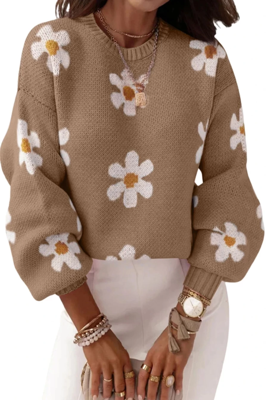 Shewin Women's Apricot Khaki Floral Drop Shoulder Knit Sweater Pullover
