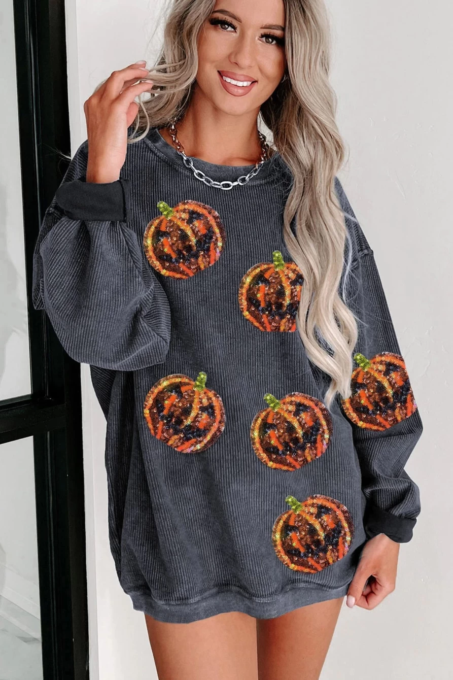 Women's Gray Sequined Jack-O'-Lantern Graphic Oversized Sweatshirt by Shewin