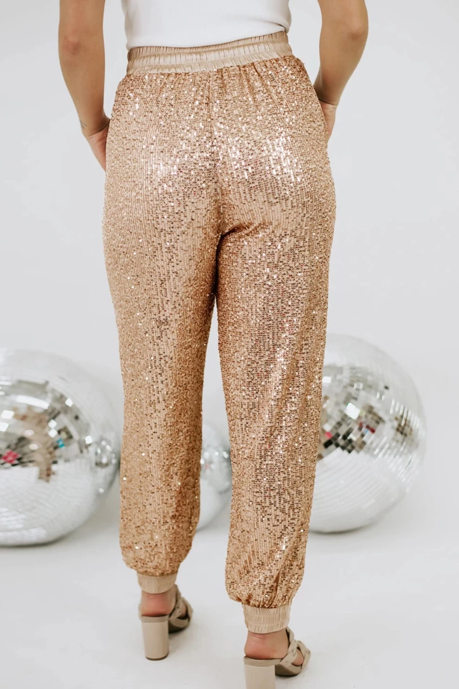 Shewin Women's Plus Size Apricot Sequin Drawstring Waist Joggers