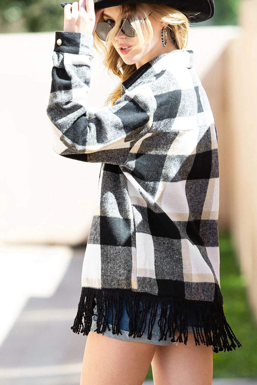 Women's Black Plaid Shacket with Snap Buttons, Fringed Hem, and Front Pockets | Shewin