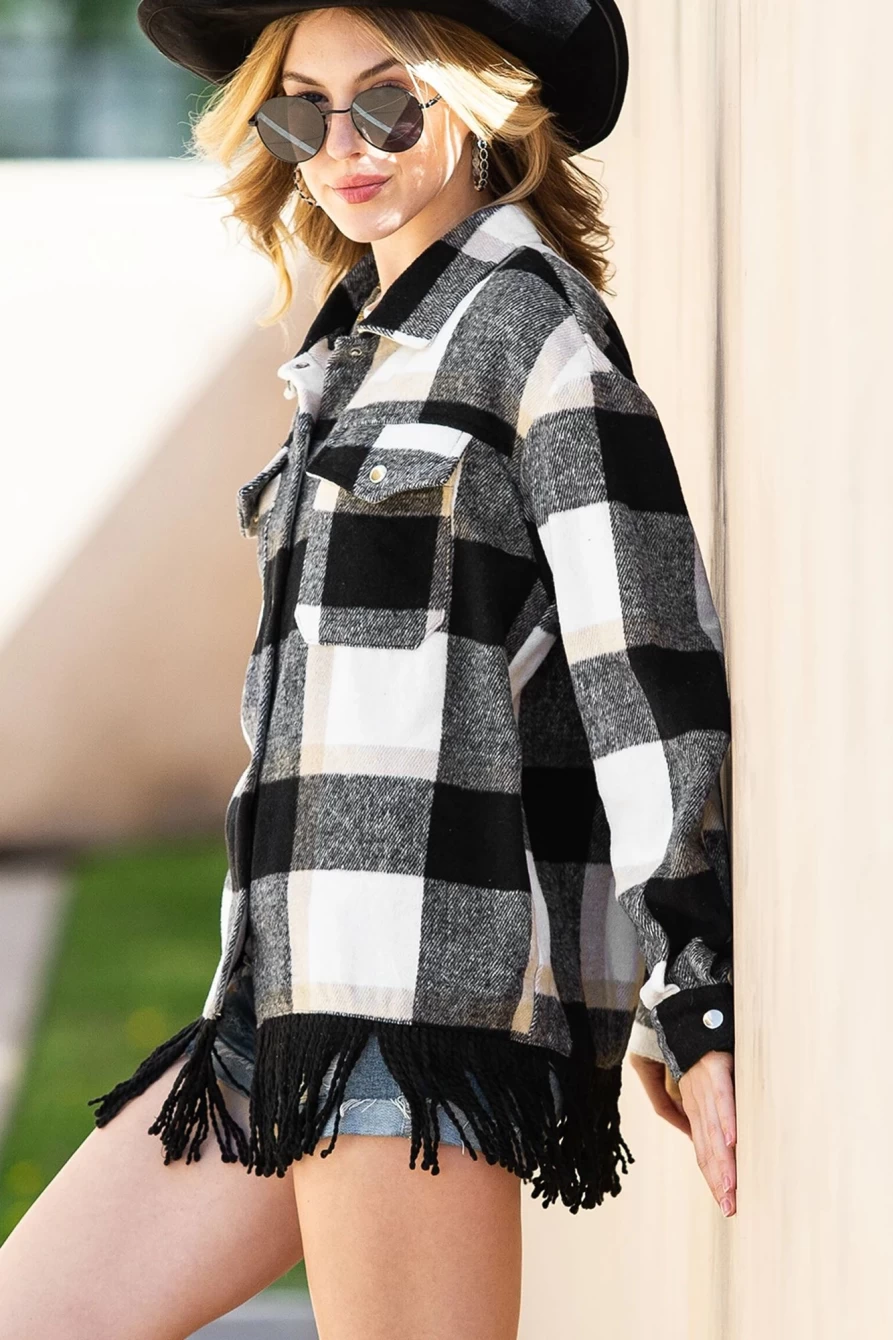 Women's Black Plaid Shacket with Snap Buttons, Fringed Hem, and Front Pockets | Shewin