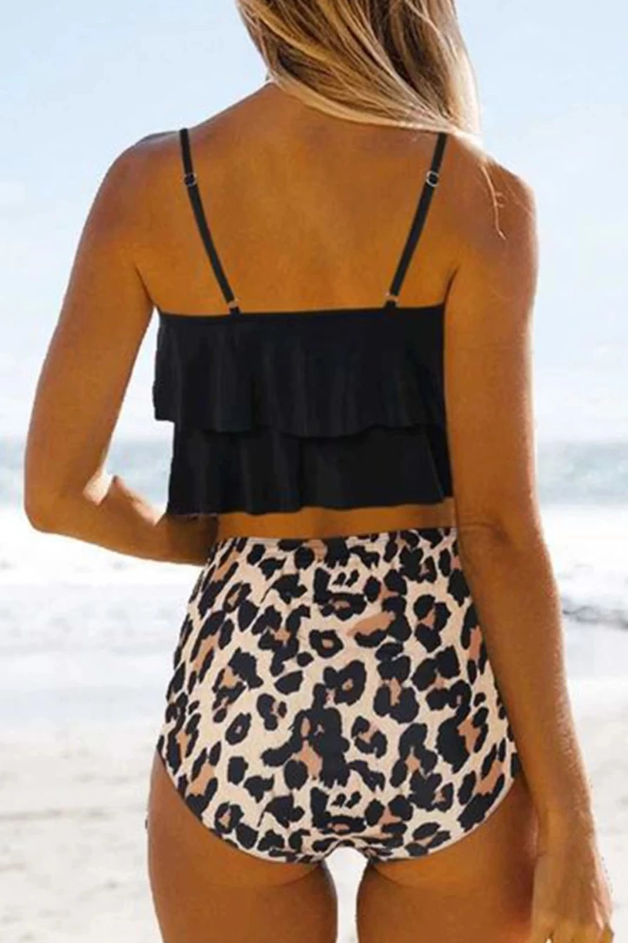 "SheWin Women's Black Ruffle Bikini Set with Leopard Print Shorts - Sexy Tank Top Swimwear"