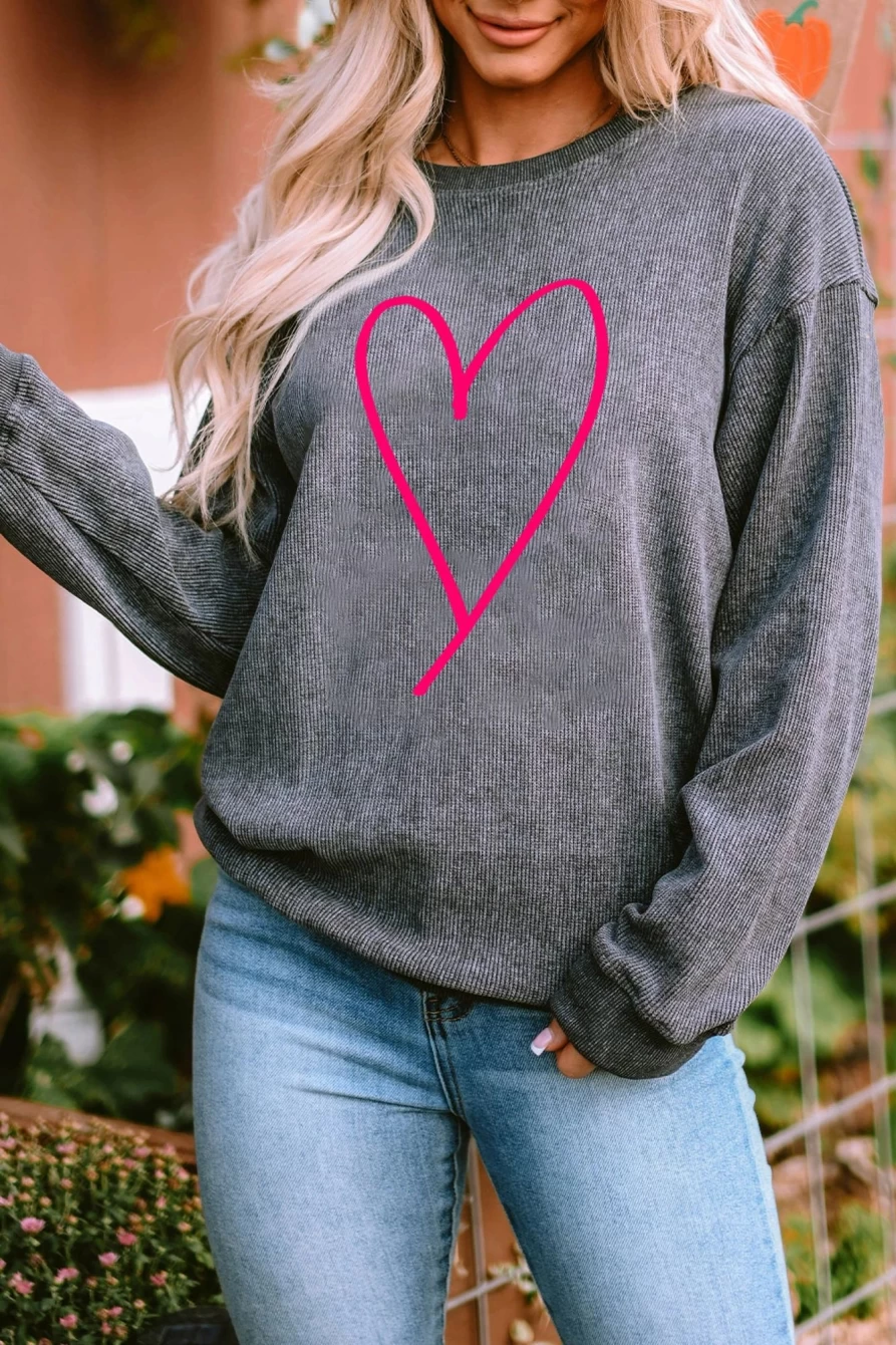Shewin Women's Gray Valentine Heart Print Oversized Sweatshirt - Soft Graphic Hoodie for Women