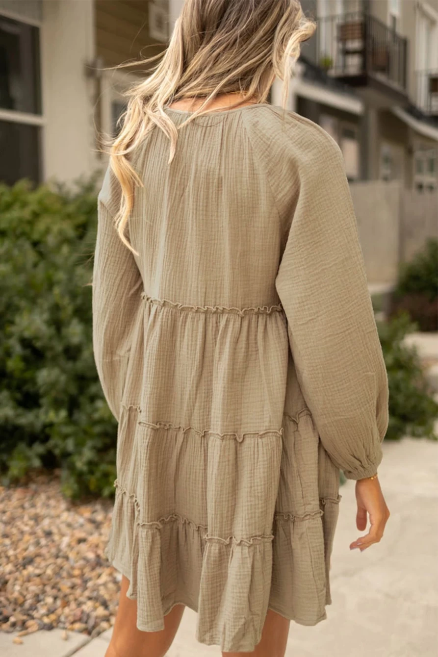 Shewin Women's Pale Khaki Cotton Crepe V-Neck Frill Tiered Mini Dress