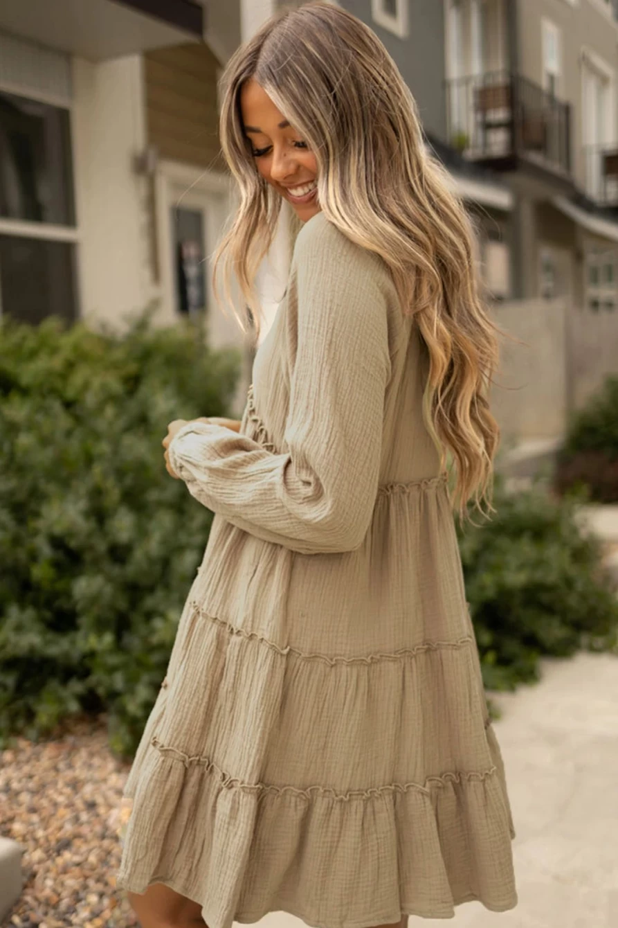 Shewin Women's Pale Khaki Cotton Crepe V-Neck Frill Tiered Mini Dress